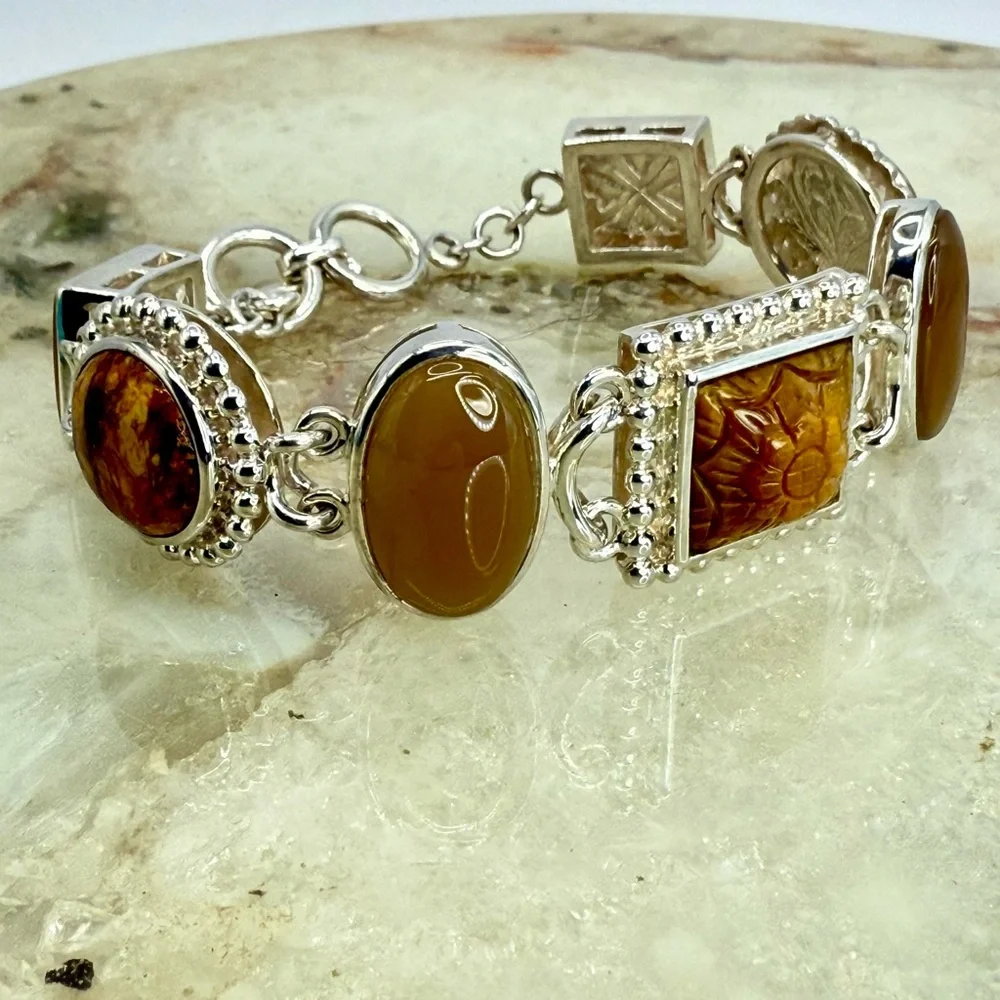 Whitney Kelly Sterling Silver Tiger’s Eye Jasper MOP Link Toggle Bracelet 7” - Picture 13 of 17